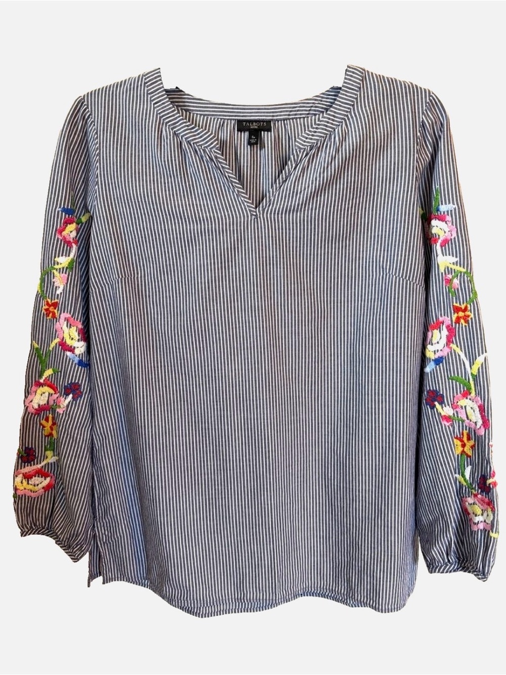 Talbots Petite Embroidered Stripe Tunic Blouse SP 100% Cotton Floral Sleeve